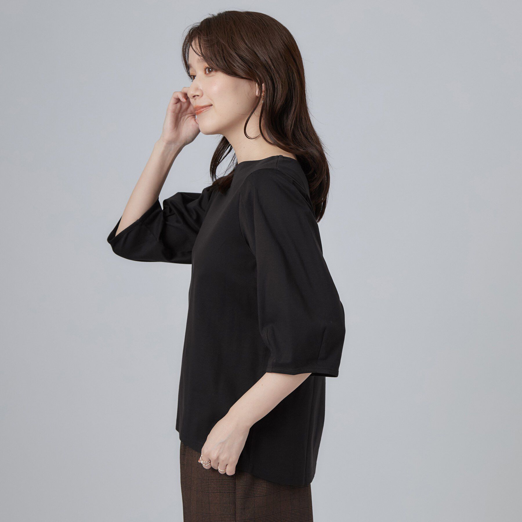 SHOO･LA･RUE「【ひんやり／吸水速乾】クールドライコットン 綿100％ キーネックパフスリーブトップス」|Tシャツ・カットソー|