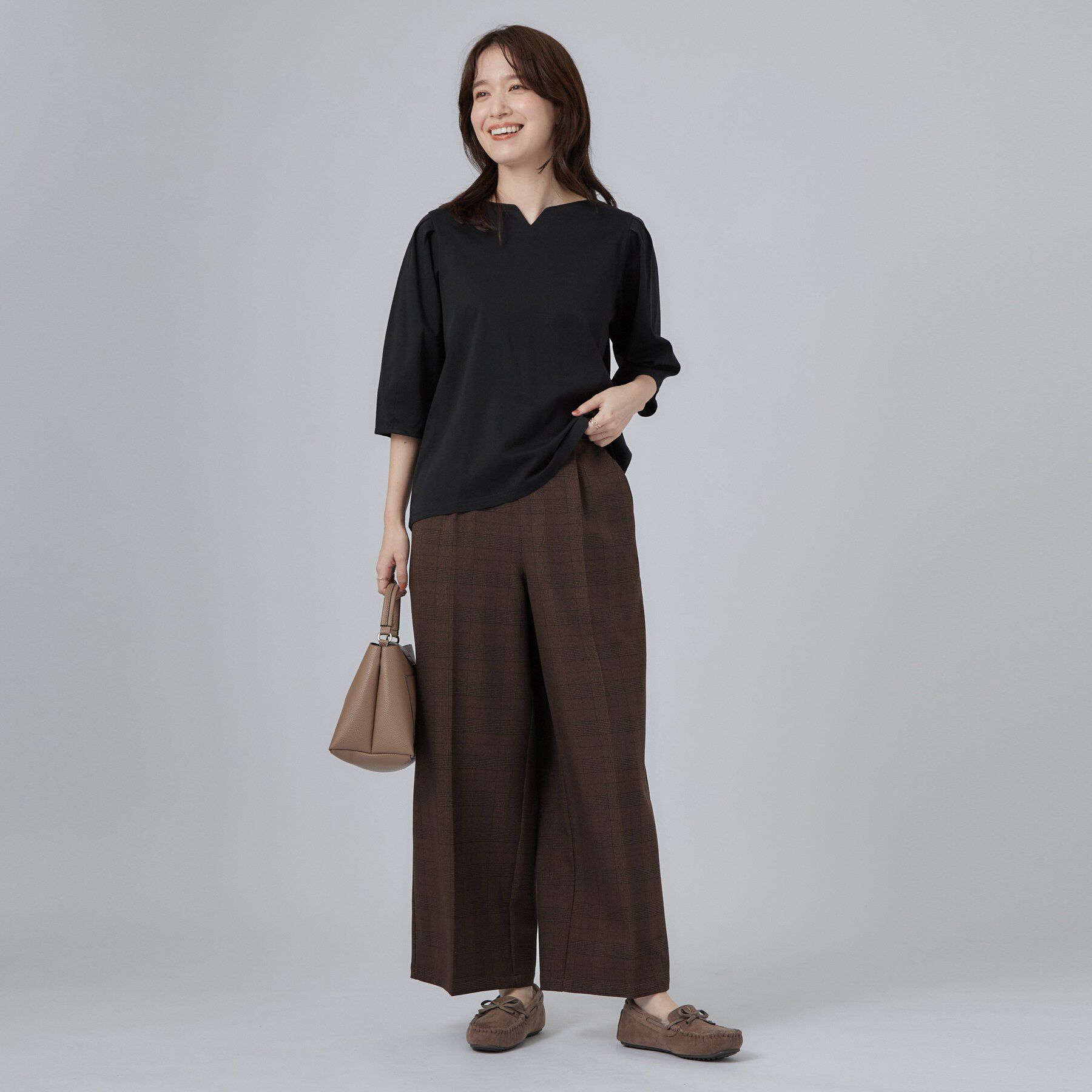 SHOO･LA･RUE「【ひんやり／吸水速乾】クールドライコットン 綿100％ キーネックパフスリーブトップス」|Tシャツ・カットソー|