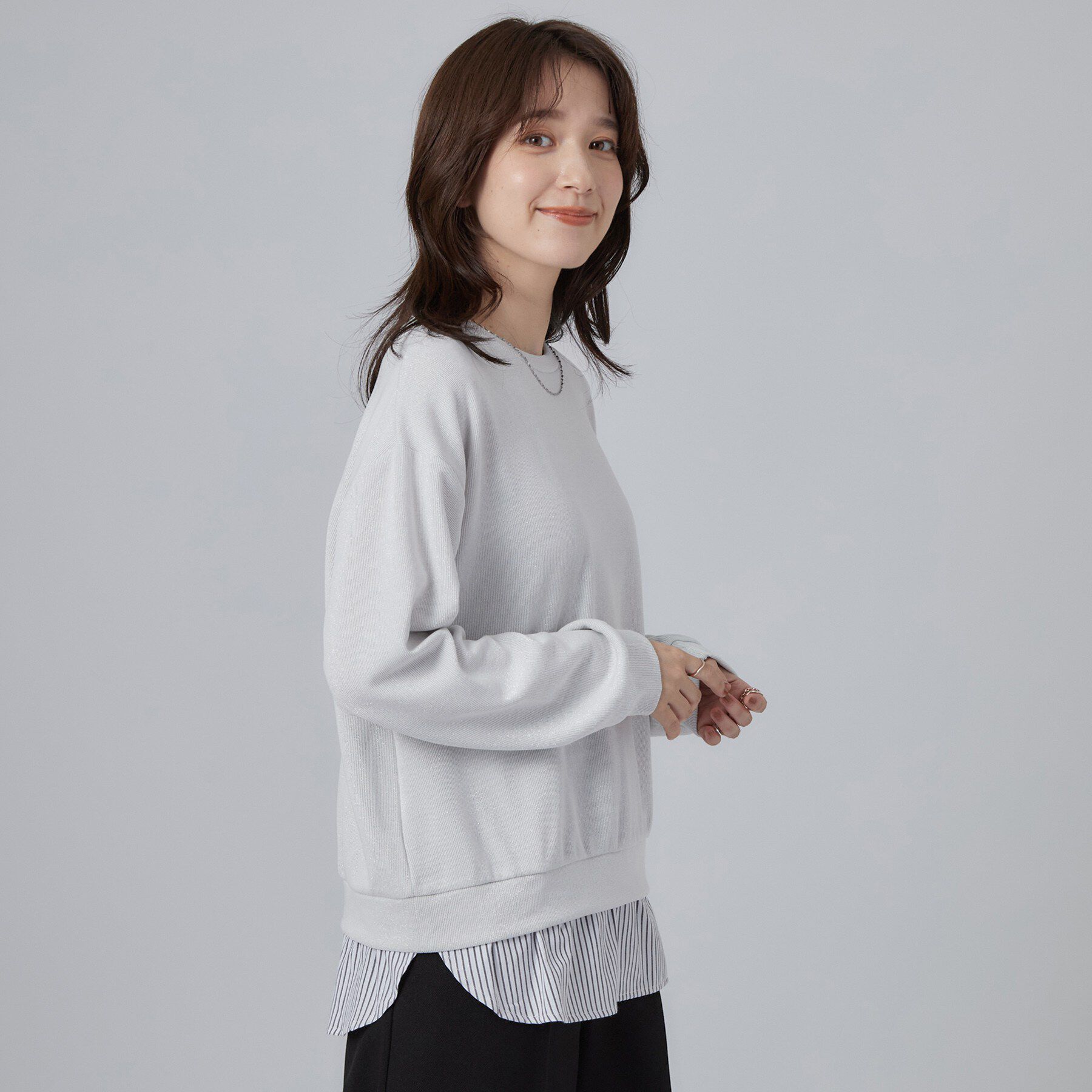 SHOO･LA･RUE「【S-LL/洗濯機可/体型カバー】インせず着られる レイヤード風 ラメ入りトップス」|Tシャツ・カットソー|