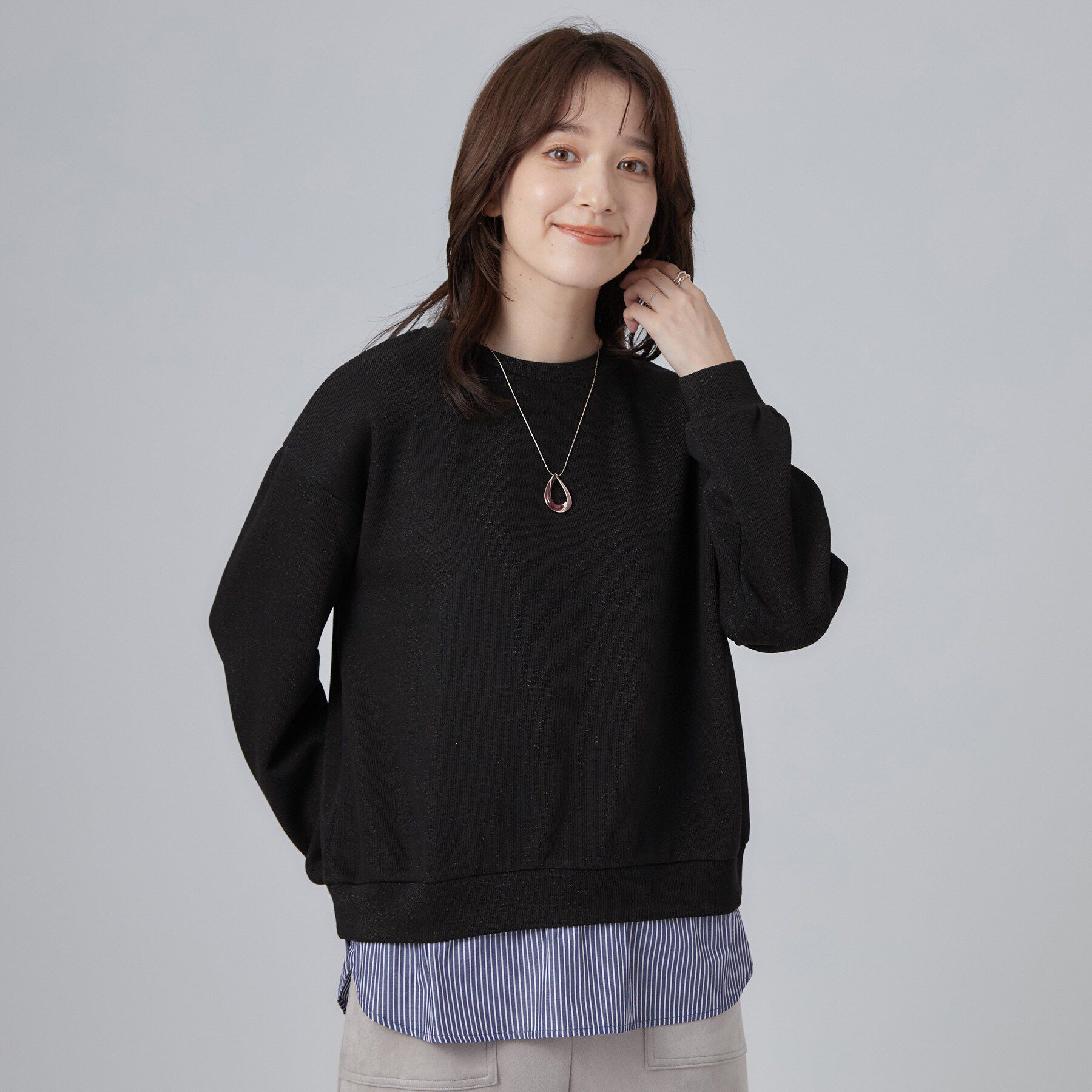 SHOO･LA･RUE「【S-LL/洗濯機可/体型カバー】インせず着られる レイヤード風 ラメ入りトップス」|Tシャツ・カットソー|