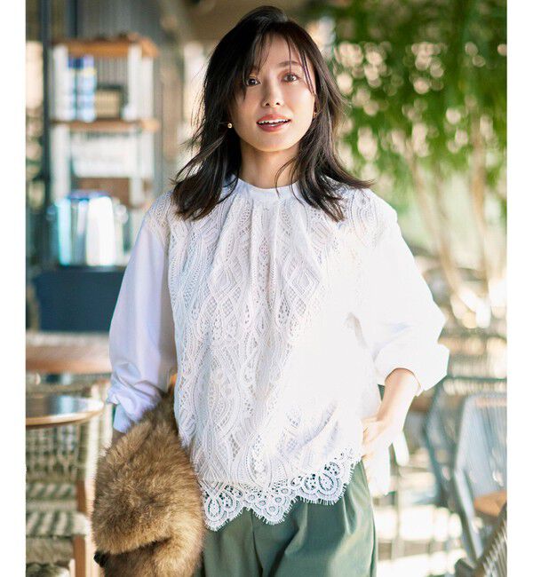 自由区「【SHIHOさん着用・一枚で着映える】レースブロッキングスタンドカラー ブラウス」|シャツ・ブラウス|アイボリー
