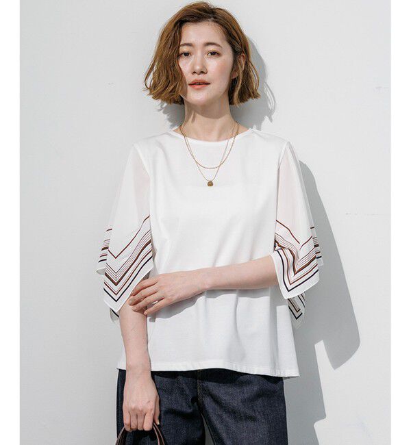 23区「スカーフコンビ デザインスリーブ カットソー」|Tシャツ・カットソー|ホワイト系