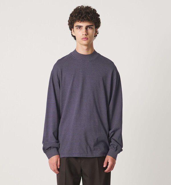 UNITED ARROWS「【別注】＜YONETOMI＞ガーメントダイ モックネック ボーダー Tシャツ」|Tシャツ・カットソー|PURPLE