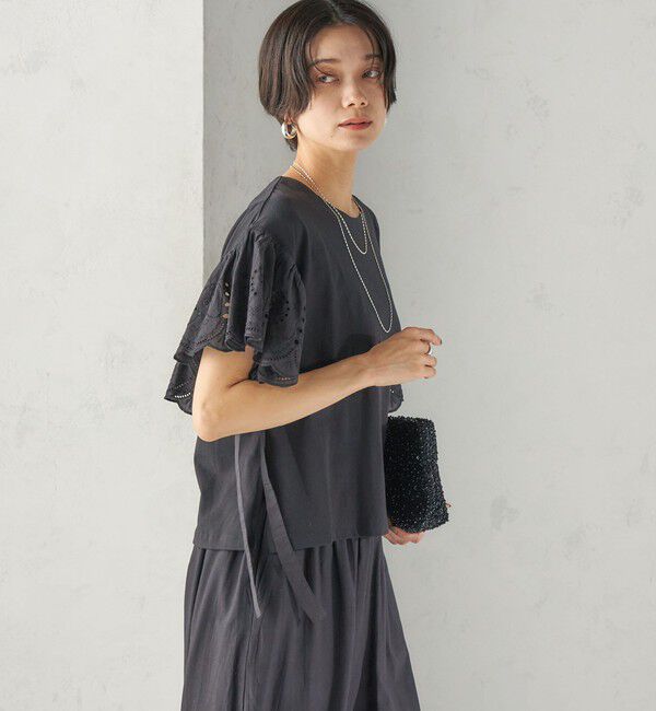 SHIPS for women「〈洗濯機可能〉Sohana: シフリー 刺繍 レース スリーブ TEE」|Tシャツ・カットソー|