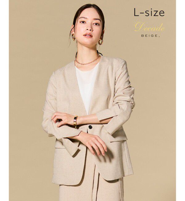 BEIGE,「【Lsize・ロングセラー】CAROLE / リネンライクノーカラーハーフ丈ジャケット」|ノーカラージャケット|Sand