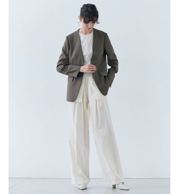 BEIGE,「【Lsize・ロングセラー】CAROLE / リネンライクノーカラーハーフ丈ジャケット」|ノーカラージャケット|