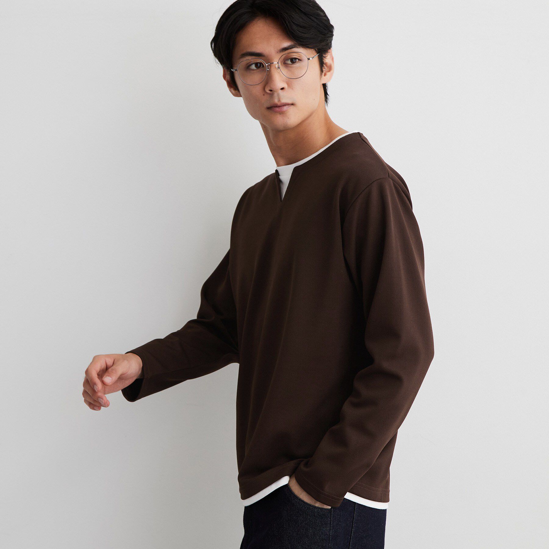 THE SHOP TK「【洗濯機OK】カノコキーネック レイヤード長袖Tシャツ」|Tシャツ・カットソー|