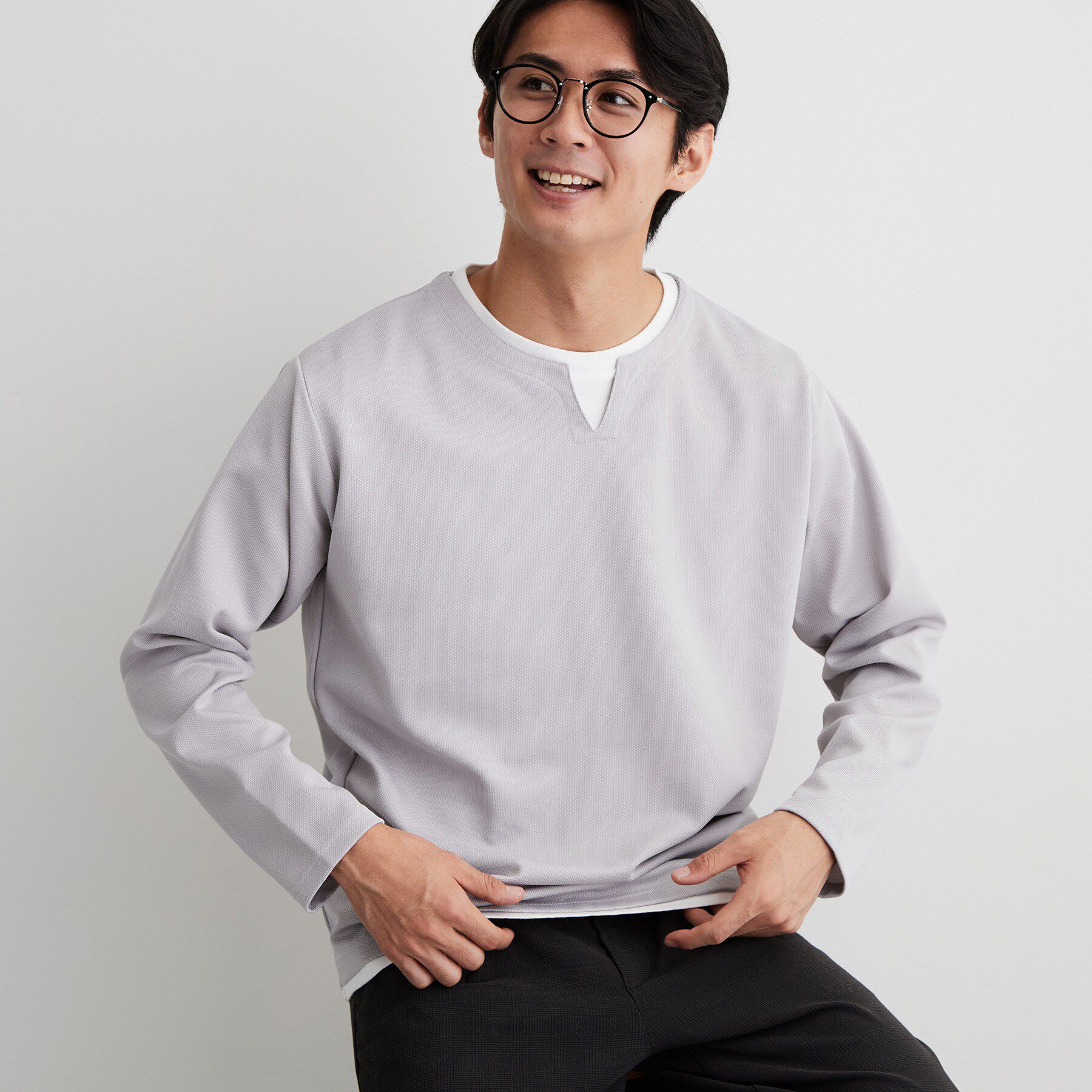 THE SHOP TK「【洗濯機OK】カノコキーネック レイヤード長袖Tシャツ」|Tシャツ・カットソー|