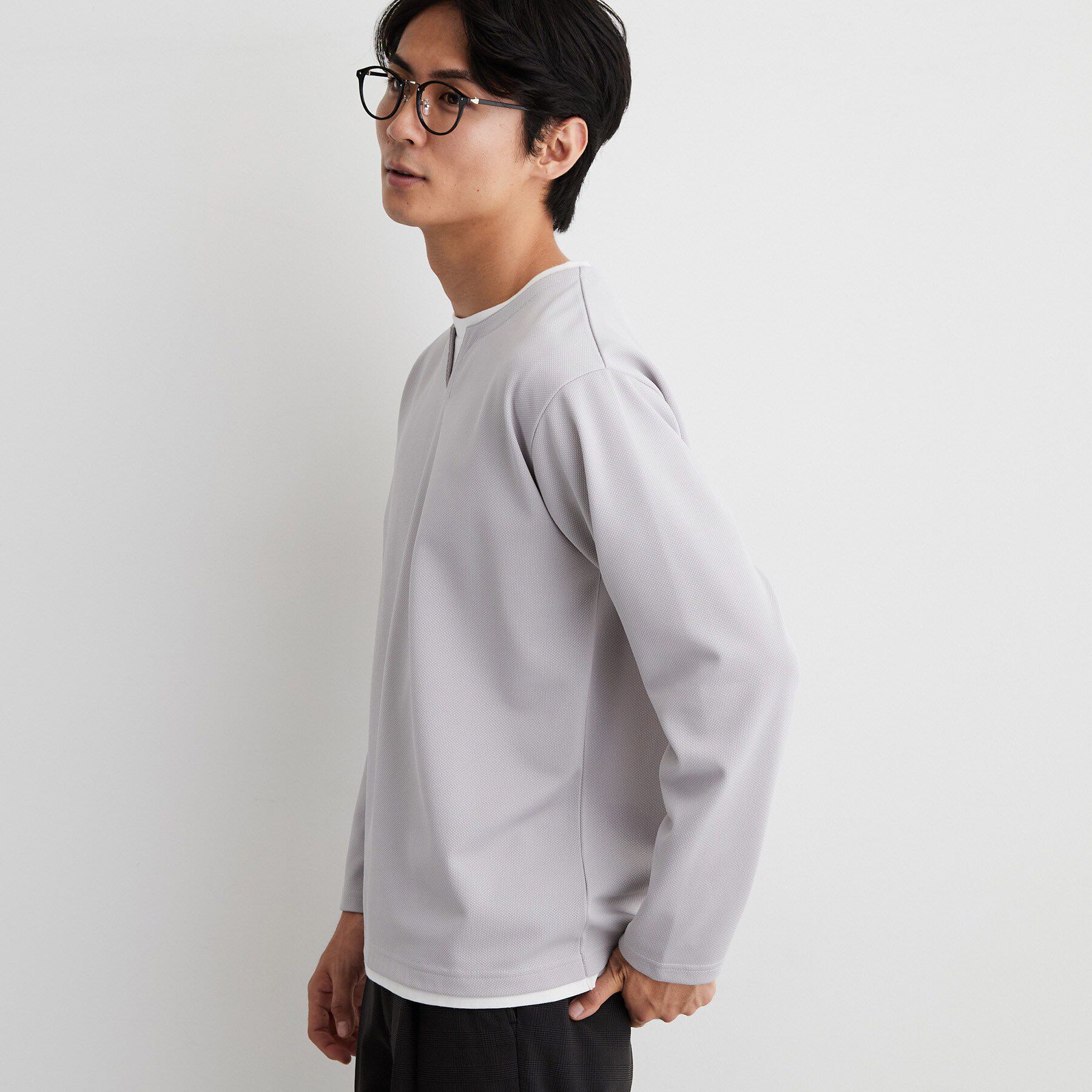 THE SHOP TK「【洗濯機OK】カノコキーネック レイヤード長袖Tシャツ」|Tシャツ・カットソー|