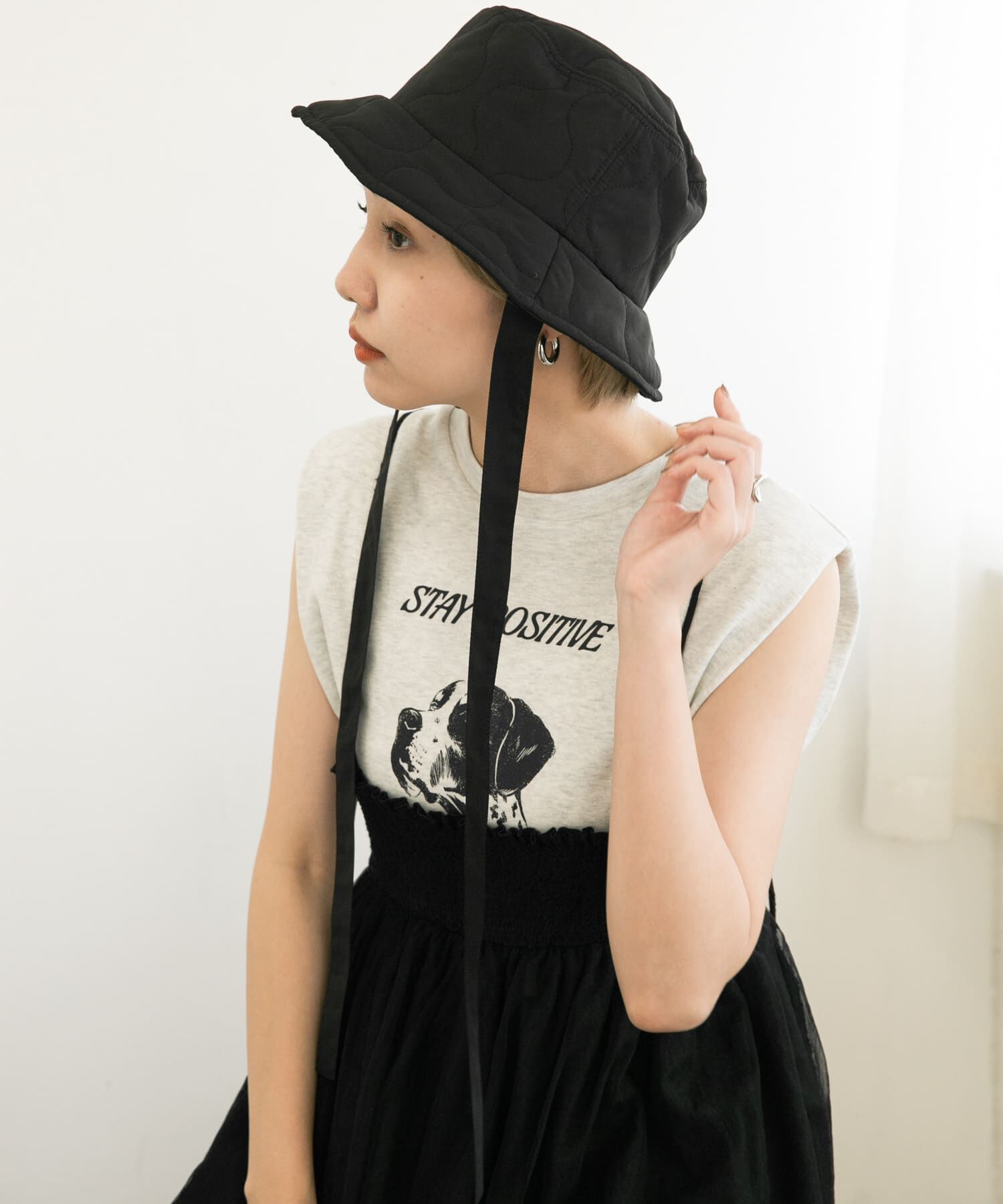  「リボン付きキルティングバケットHAT」|ハット|ブラック