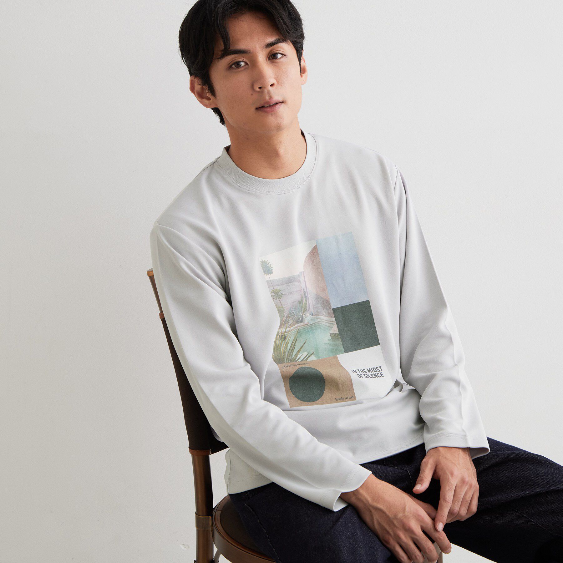 THE SHOP TK「【洗濯機OK】ポンチ長袖フォト長袖Tシャツ」|Tシャツ・カットソー|ライトグレー(011