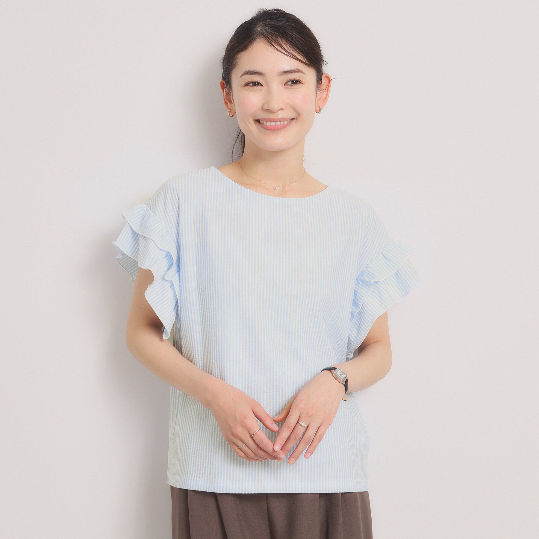 ITS&rsquo;DEMO「カットサッカー袖フリルトップス」|Tシャツ・カットソー|サックスブルー(39