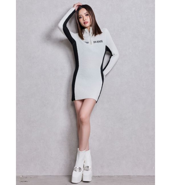 GYDA「BICOLOR WIDE LINEハーフZIPニットワンピース」|ワンピース|