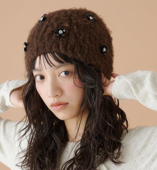  「ビジューモヘアビーニー」|ハット|ダークブラウン