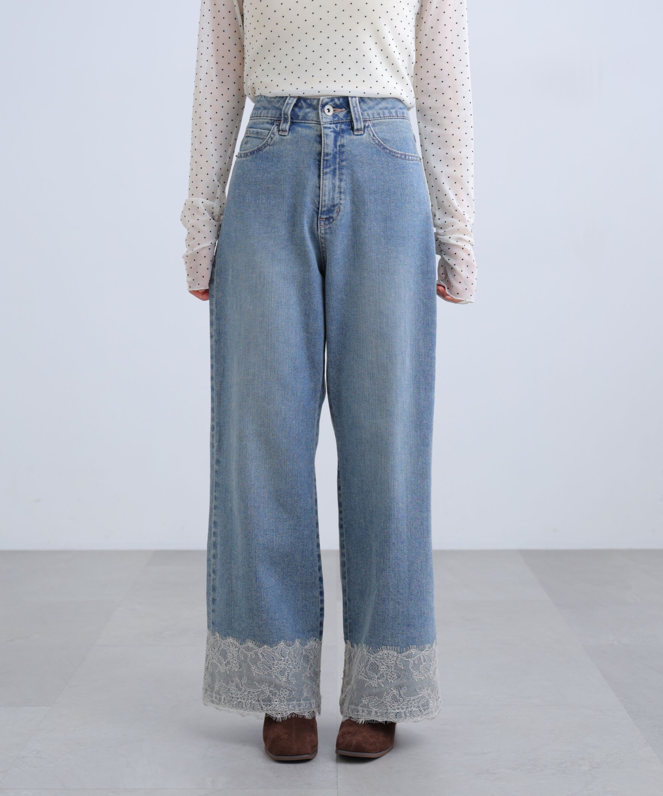  「[低身長サイズ/Sシリーズ]ベーシックワイド裾レースデニムパンツ」|その他|