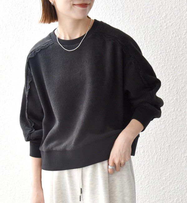 SHIPS any「《予約》〈洗濯機可能〉裏起毛 パイル フリル レース スリーブ プルオーバー」|Tシャツ・カットソー|ブラック