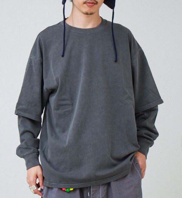 GLOSTER「【1枚でレイヤード完成】ピグメント加工 フェイクレイヤードロンT」|Tシャツ・カットソー|ブラック