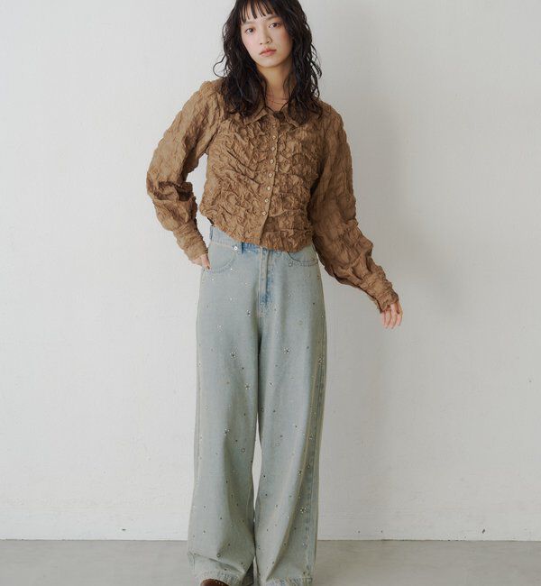  「【WEB限定カラー/2サイズ展開/ウエスト調節可】ビジューフラワーデニム」|デニム|