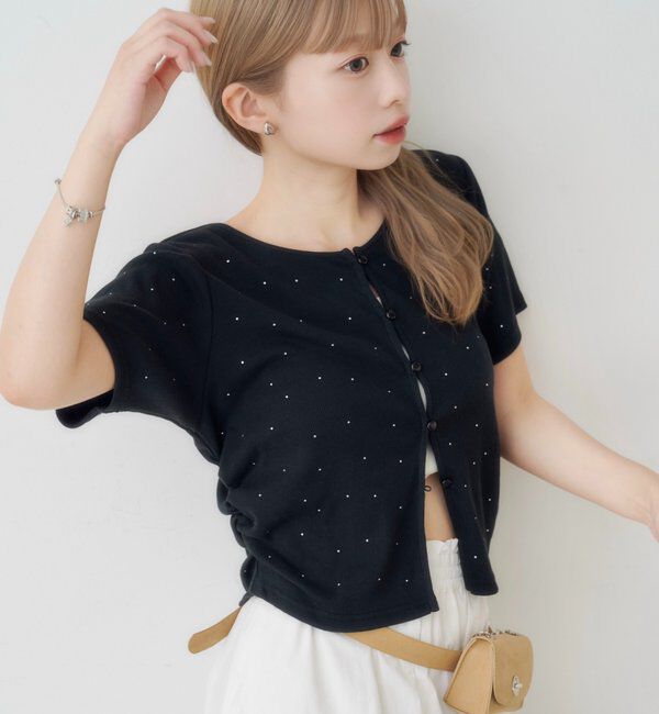  「リブスタッズ半袖カーディガン」|Tシャツ・カットソー|ブラック