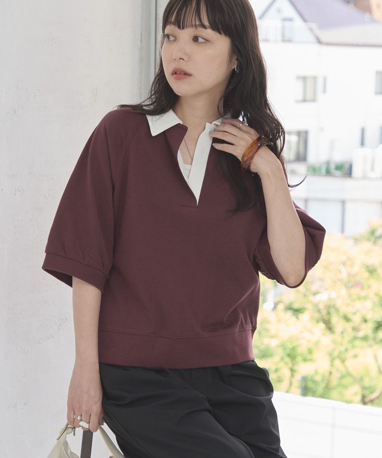 AMERICAN HOLIC「衿配色5分袖ラガーシャツ」|Tシャツ・カットソー|Bordeaux