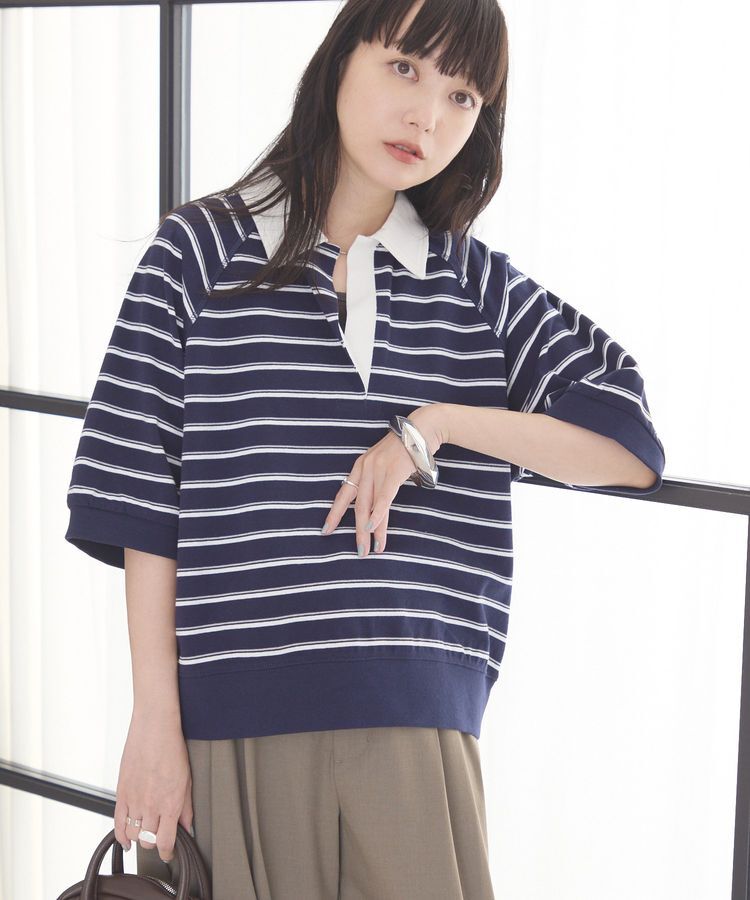 AMERICAN HOLIC「衿配色5分袖ラガーシャツ」|Tシャツ・カットソー|ボーダーネイビー