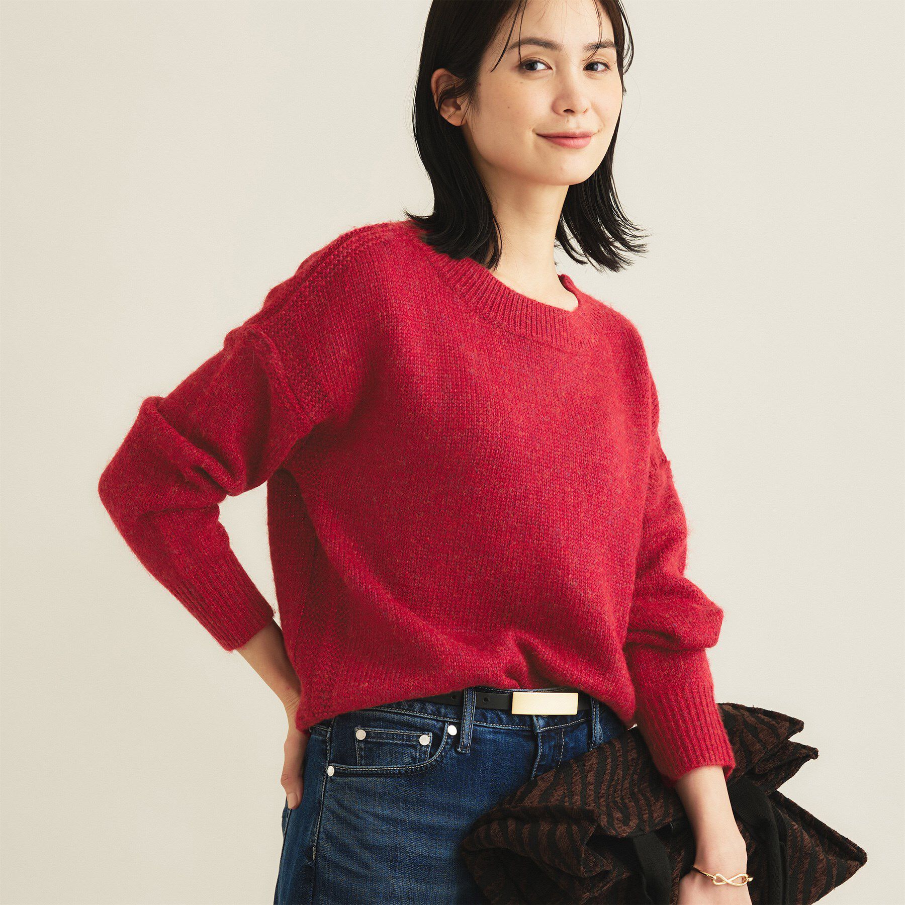 INDIVI「【大人ラメ】パフスリーブ ヘアリーニット」|ニット・セーター|レッド(463)
