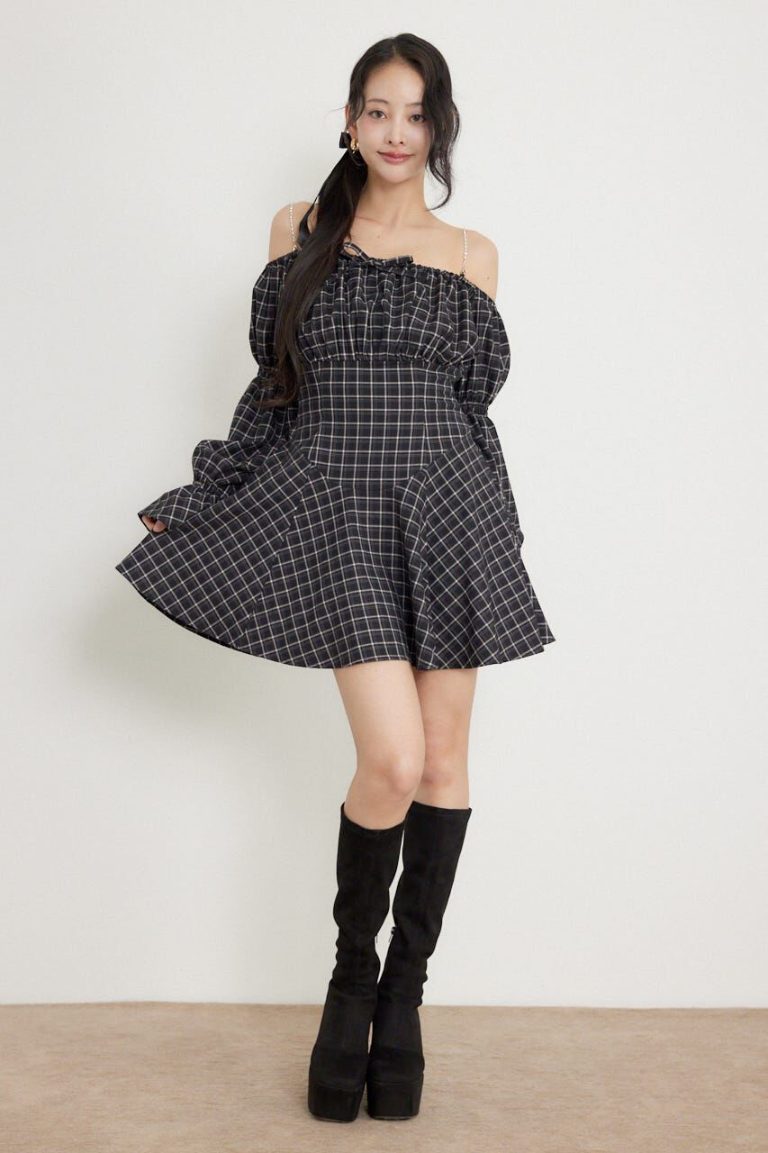 rienda「オフショルチェックミニワンピース」|ワンピース|