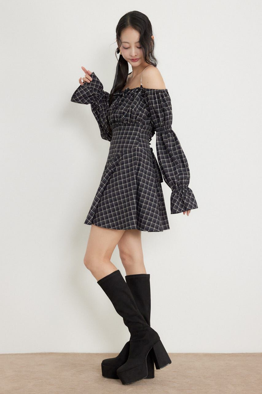 rienda「オフショルチェックミニワンピース」|ワンピース|