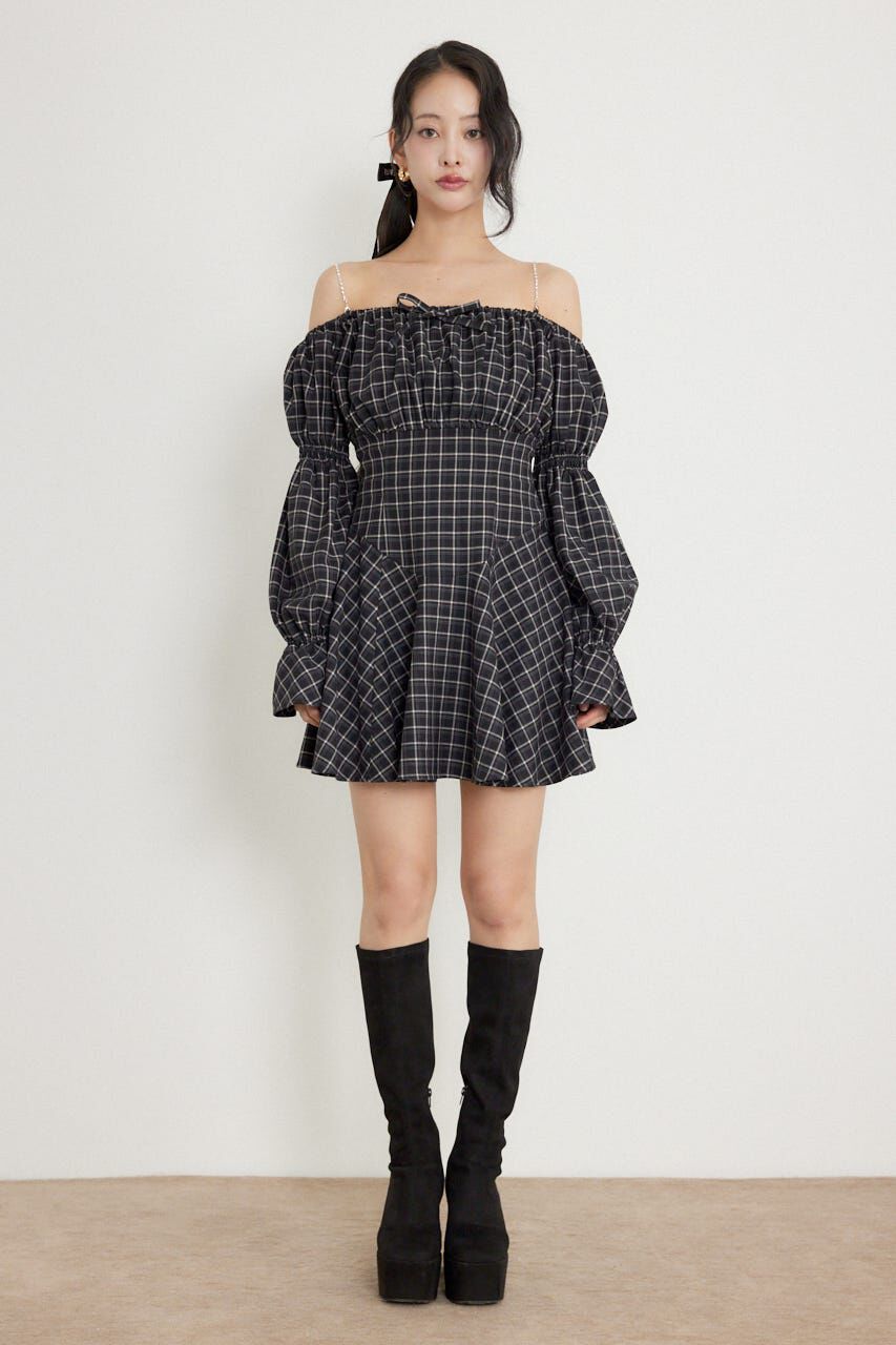 rienda「オフショルチェックミニワンピース」|ワンピース|