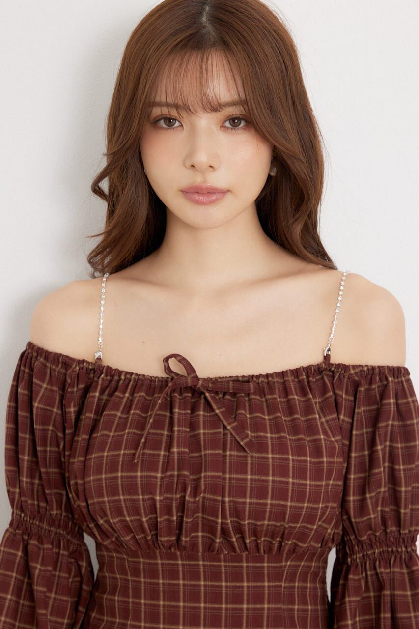 rienda「オフショルチェックミニワンピース」|ワンピース|