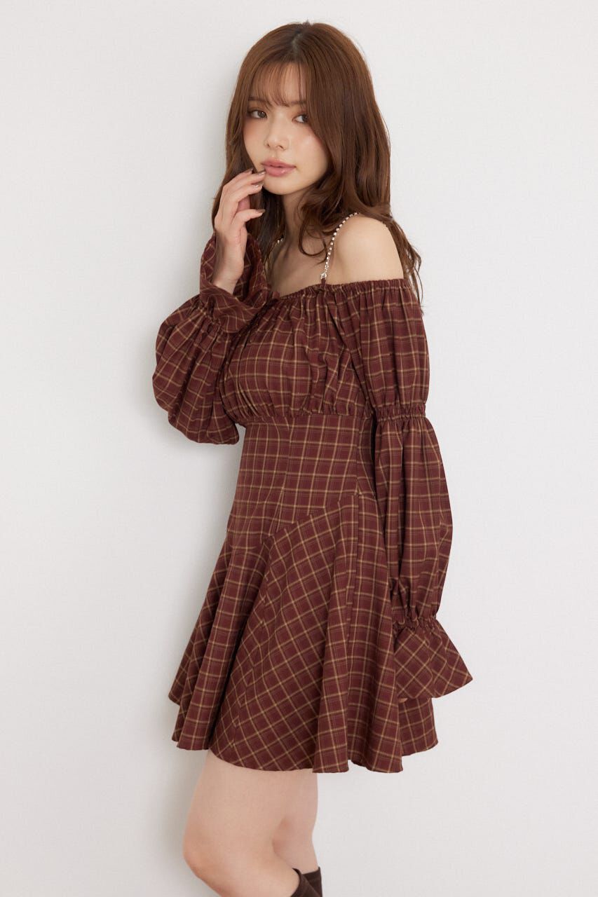 rienda「オフショルチェックミニワンピース」|ワンピース|