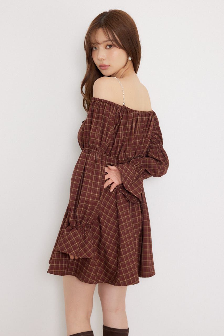 rienda「オフショルチェックミニワンピース」|ワンピース|
