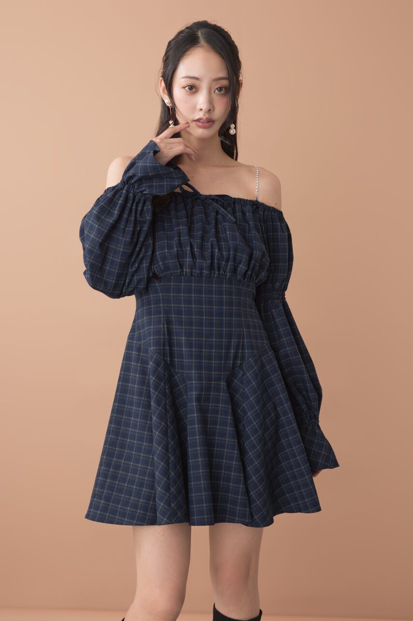 rienda「オフショルチェックミニワンピース」|ワンピース|NVY