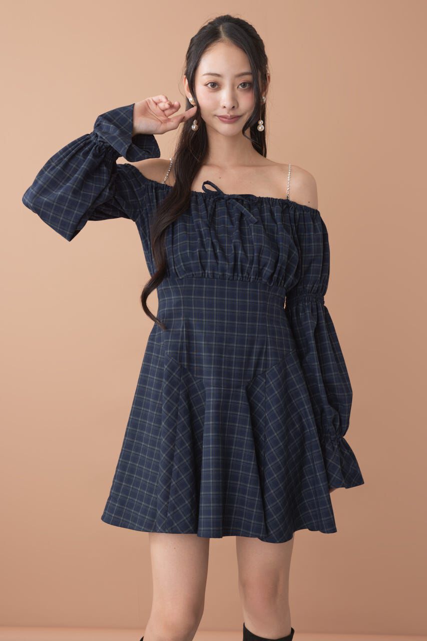 rienda「オフショルチェックミニワンピース」|ワンピース|
