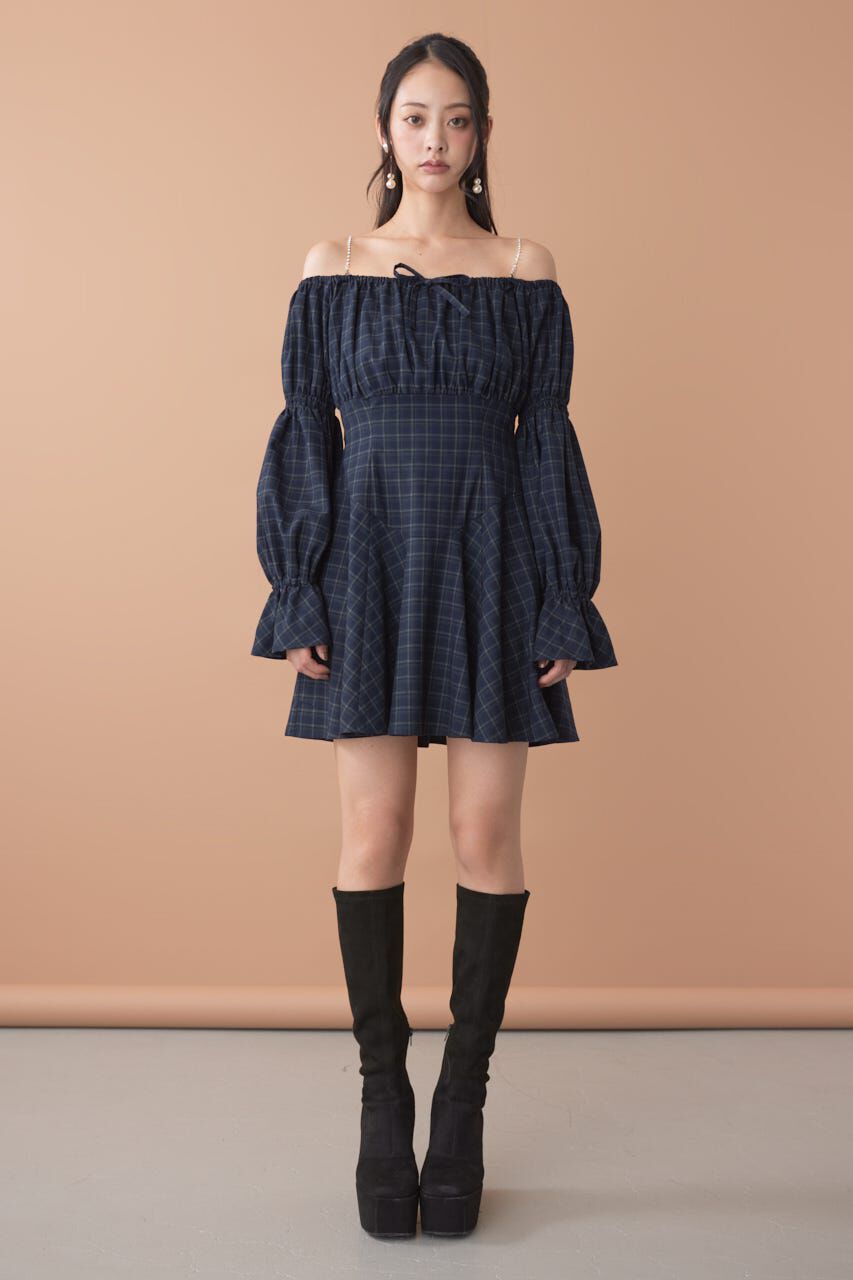 rienda「オフショルチェックミニワンピース」|ワンピース|