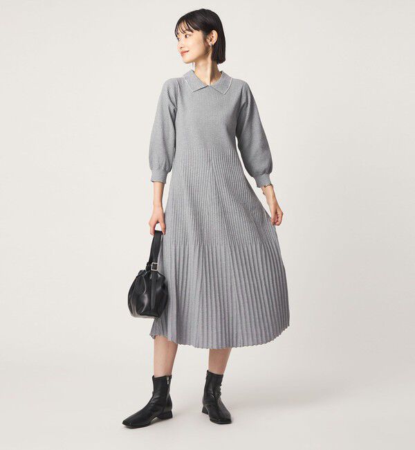 UNITED ARROWS green label relaxing「襟フェイクパール プリーツ ニット ワンピース」|ワンピース|