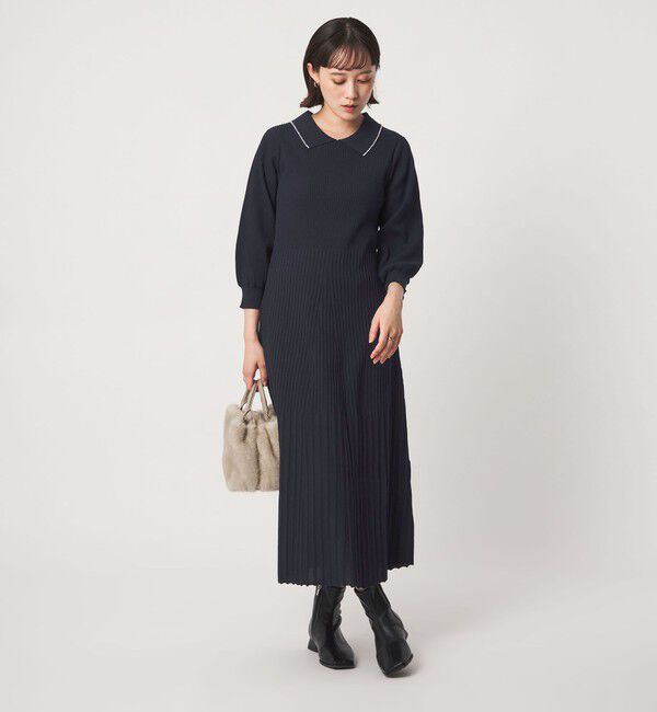 UNITED ARROWS green label relaxing「襟フェイクパール プリーツ ニット ワンピース」|ワンピース|NAVY