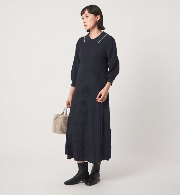 UNITED ARROWS green label relaxing「襟フェイクパール プリーツ ニット ワンピース」|ワンピース|