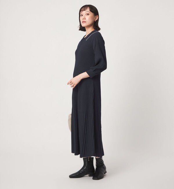 UNITED ARROWS green label relaxing「襟フェイクパール プリーツ ニット ワンピース」|ワンピース|