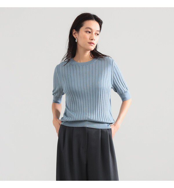 BEAMS SELECTION for WOMEN「SLOANE / 18ゲージ シルク クルーネック ハーフスリーブ ニット」|ニット・セーター|別注BLUE