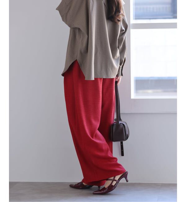  「【洗える】タックワイドパンツ」|スラックス|レッド