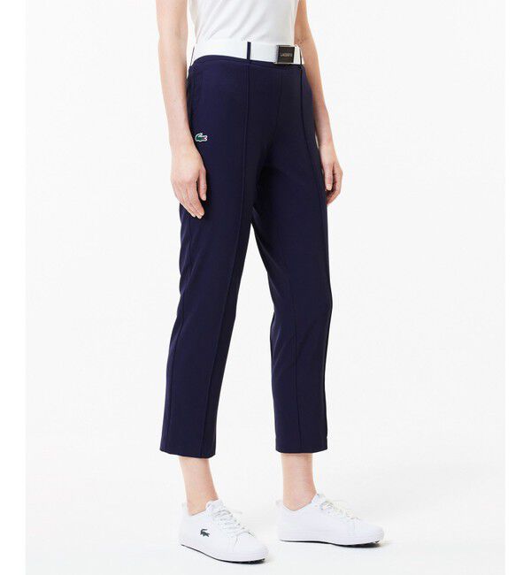 LACOSTE「UPF30+ UVカット センタークリース ストレッチテーパードスリムパンツ / ゴルフパンツ」|チノ|ネイビー