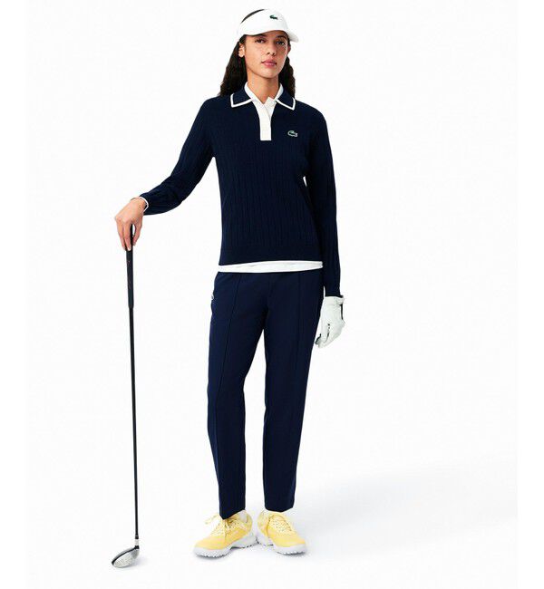LACOSTE「UPF30+ UVカット センタークリース ストレッチテーパードスリムパンツ / ゴルフパンツ」|チノ|