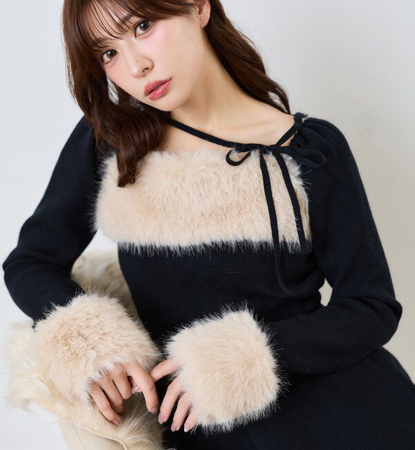  「フェイクファーくびれニットミニワンピ【SMサイズ展開】」|ワンピース|