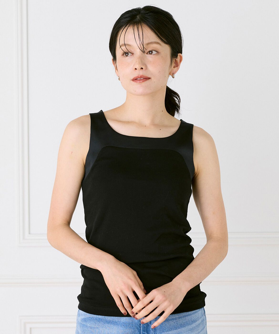 DAY by DAY it&rsquo;s international「ｻﾃﾝ切り替えﾀﾝｸﾄｯﾌﾟ《ｽﾋﾞﾝ綿MIXﾌﾗｲｽ》|極上の肌触りと」|タンクトップ|ブラック