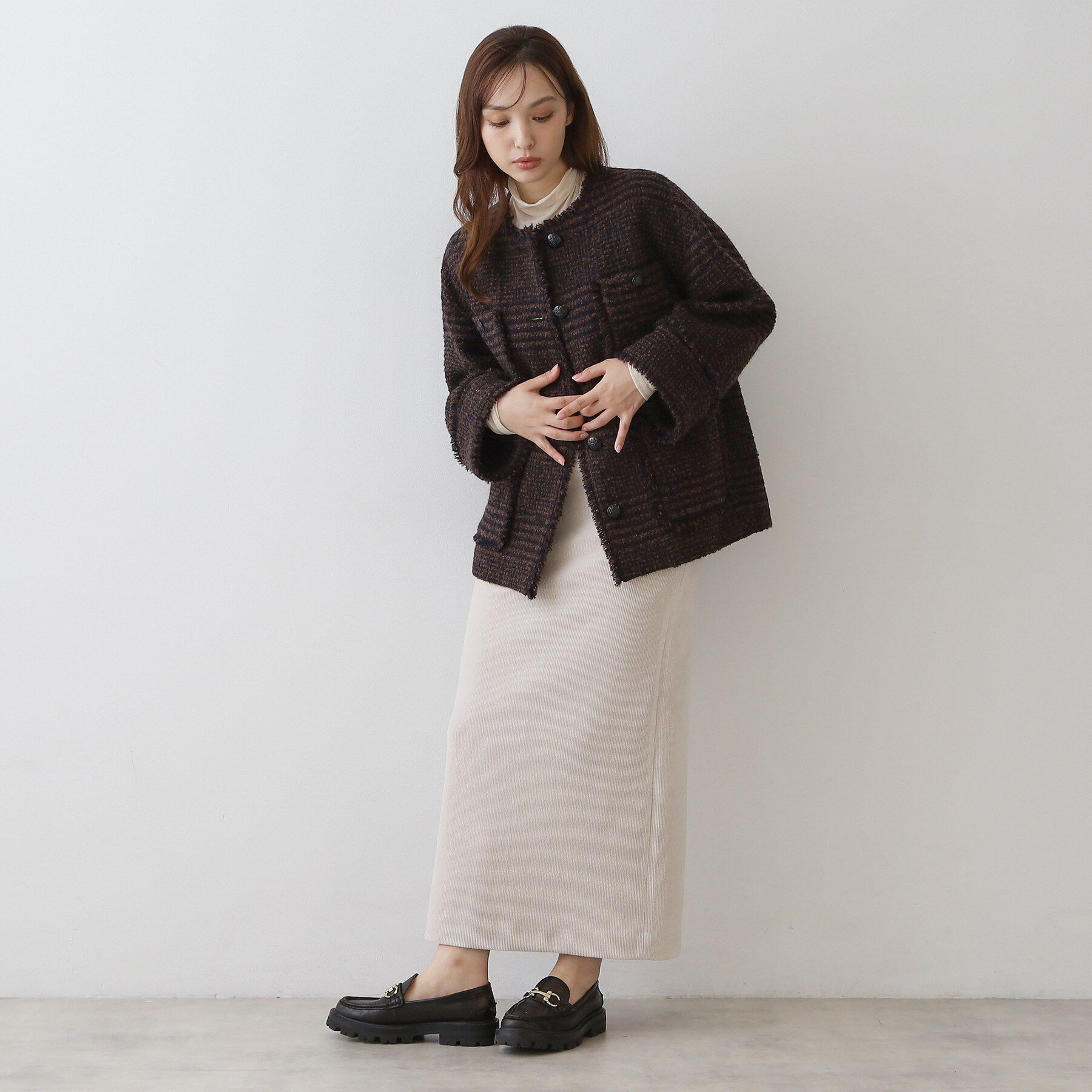 DRESSTERIOR「グレンチェックツイードショートコート」|ノーカラージャケット|