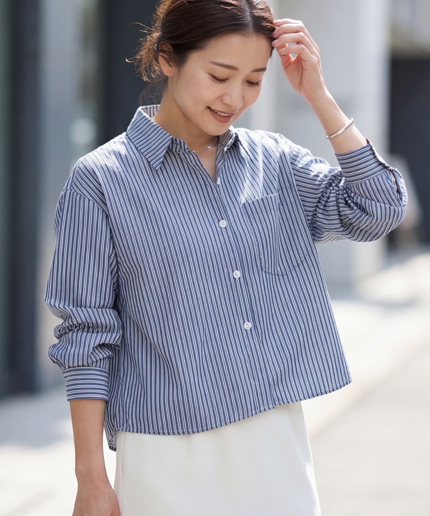 STYLE DELI「サラサラ短めストライプ柄シャツ」|シャツ・ブラウス|ネイビー