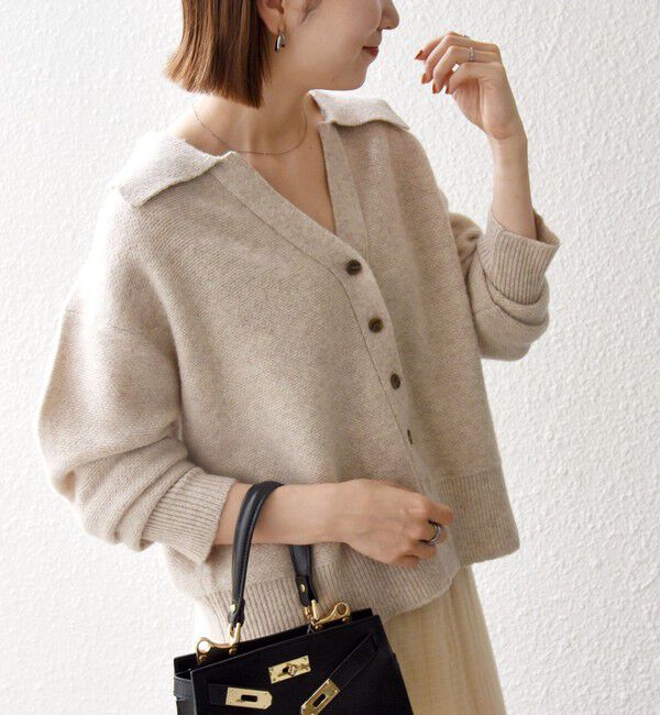 SHIPS any「《予約》〈手洗い可能〉ヤク スキッパー ポロ Vネック ニット カーディガン」|カーディガン|ベージュ