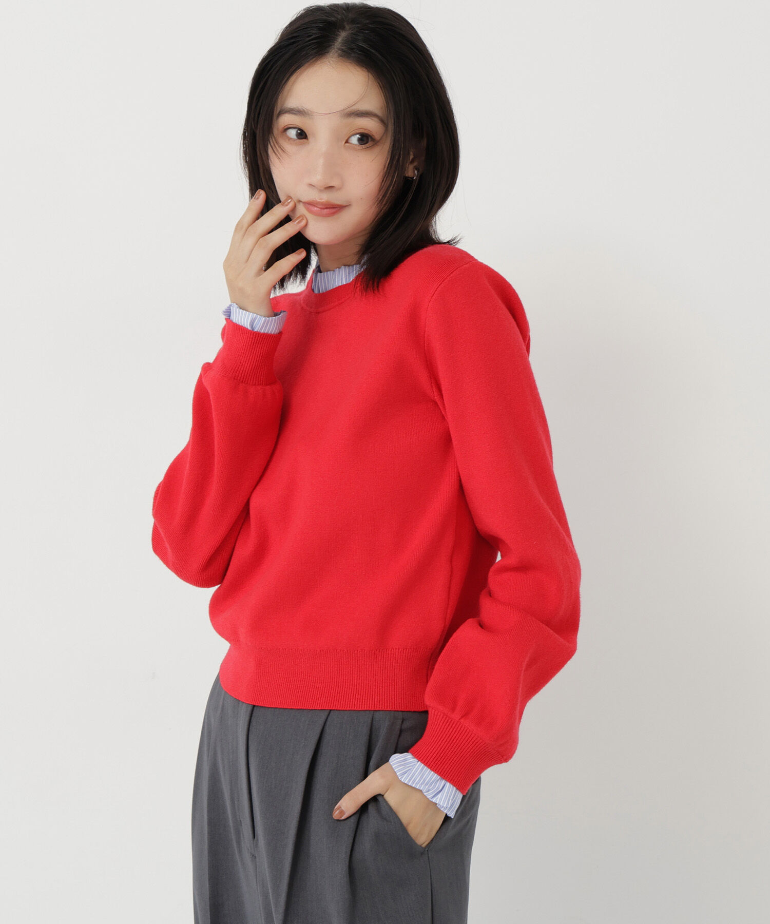 「ストライプフリルネックニット 26AW」|ニット・セーター|レッド2