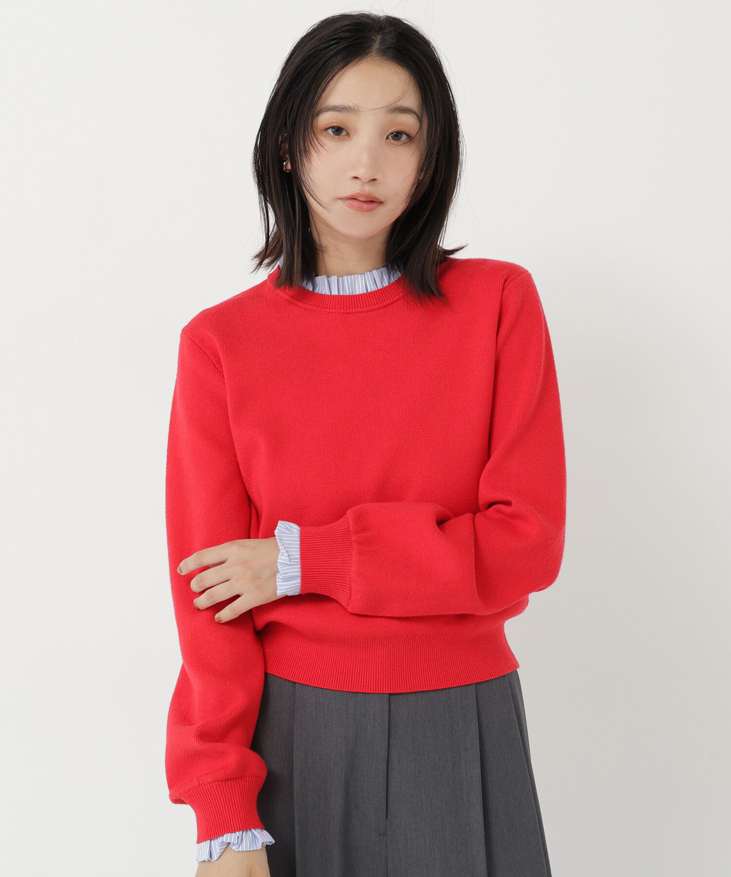  「ストライプフリルネックニット 26AW」|ニット・セーター|